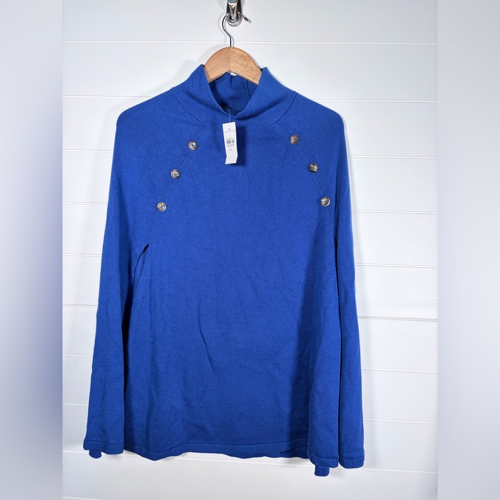 NWT Ann Taylor Blue Turtleneck Cape Sweater with Button Detail Large